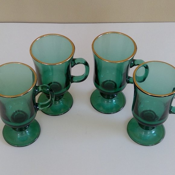 S/4 Gold-rimmed Green Vintage Libbey Irish Coffee Pedestal Mugs, St. Patty's Day - Picture 3 of 10